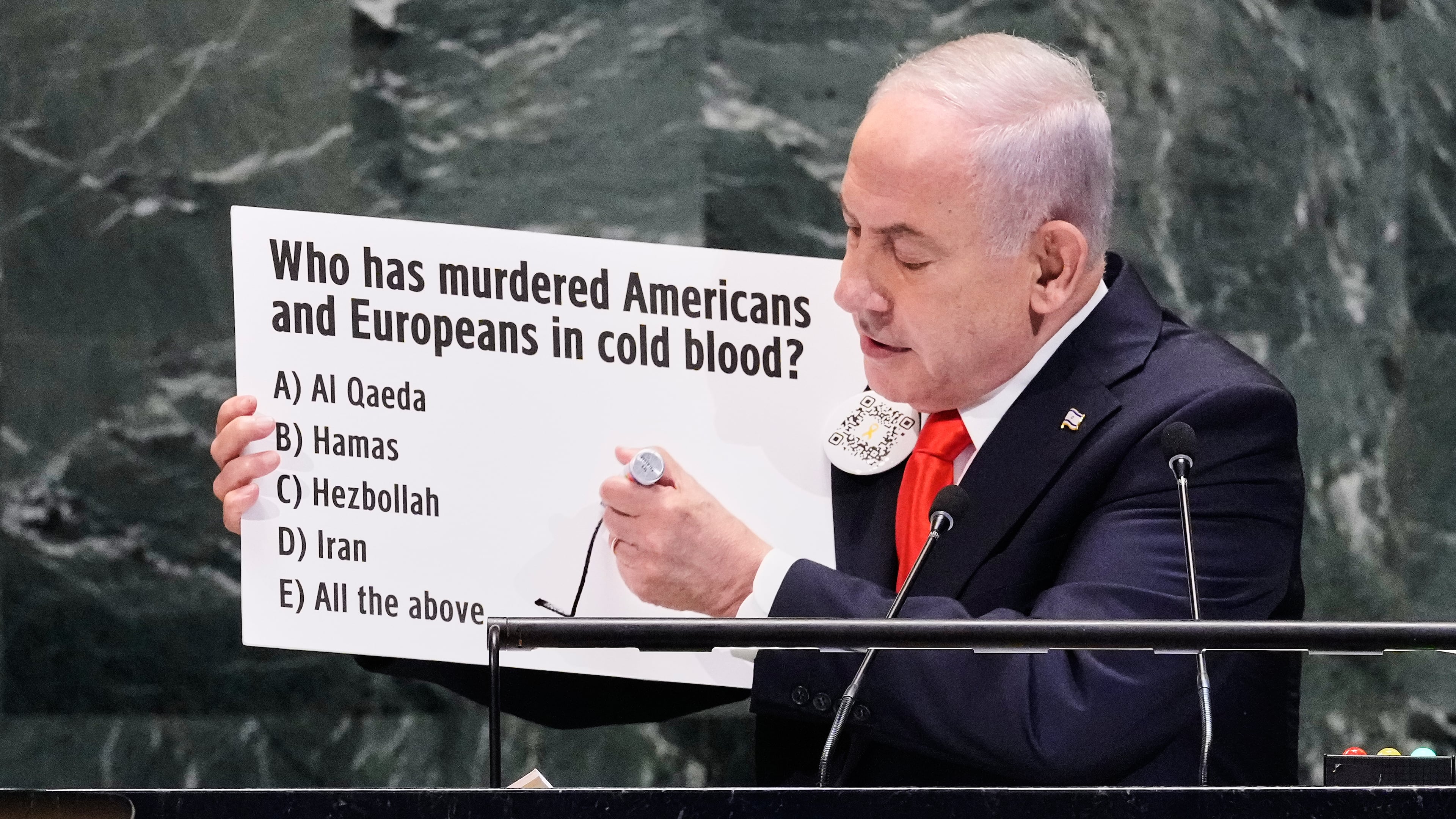 Israel Prime Minister Benjamin Netanyahu addresses the 80th session of the United Nations General Assembly, Friday, Sept. 26, 2025. (AP Photo/Richard Drew)
