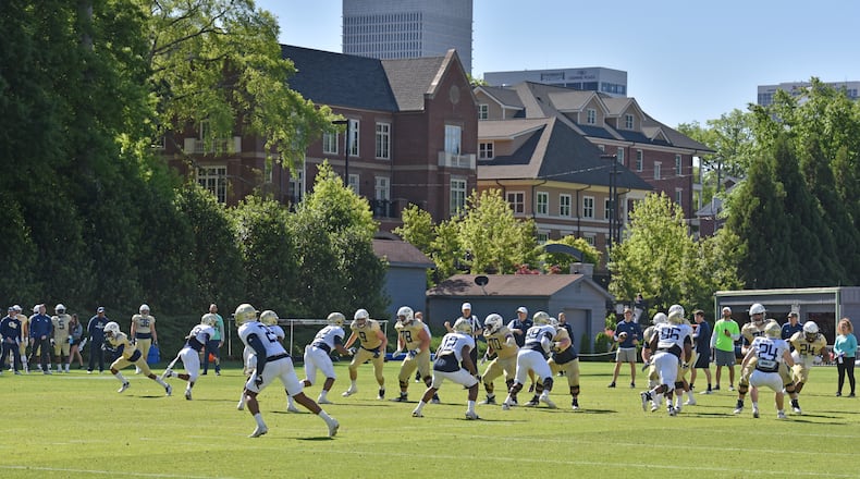 April 16, 2019 Atlanta -  Georgia Tech football players participate in a drill at Georgia Tech's football outdoor practice field on Tuesday, April 16, 2019. HYOSUB SHIN / HSHIN@AJC.COM