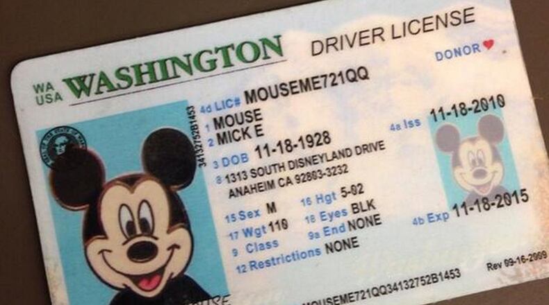 Bellevue police provided this photo of a Washington State license registered to Mickey Mouse, though his address is in Anaheim, Calif.