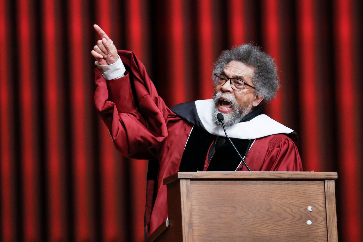  Theologian, philosopher, and activist keynote speaker Dr. Cornel West delivered his remarks at Morehouse College’s 141st Commencement Ceremony on Sunday, May 18, 2025.
(Miguel Martinez/ AJC)