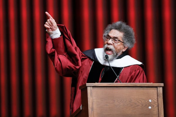 Theologian, philosopher and activist Cornel West delivered his keynote speaker remarks at Morehouse College’s commencement ceremony on Sunday, May 18, 2025. (Miguel Martinez/AJC)