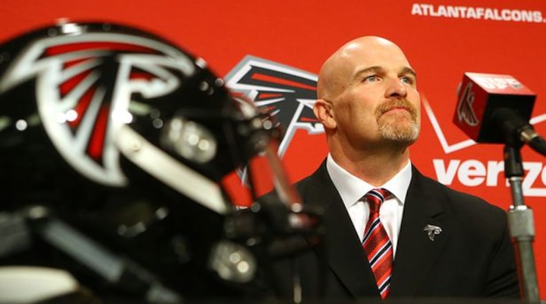 New Falcons head coach Dan Quinn said during Tuesday's introductory press conference in Flowery Branch that he would have a hand in reworking the defense with help from assistant coaches Richard Smith and Raheem Morris, but was unsure whether he would be calling plays.