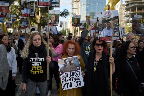 People gather in a protest demanding the immediate release of hostages held by Hamas in the Gaza Strip, during the Jewish holiday of Passover, in Tel Aviv, Israel, Saturday, April 12, 2025. (AP Photo/Leo Correa)