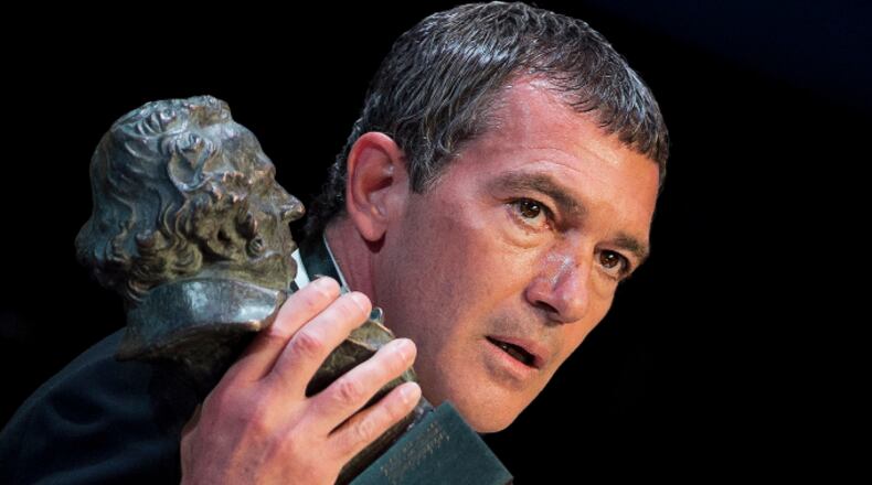 FILE - In this Feb. 7, 2015 file photo, Spanish actor Antonio Banderas holds his Honorific Goya trophy for his career, at the Goya Film Awards Ceremony in Madrid, Spain. Antonio Banderas says he has recovered from a heart attack that he had in January 2017. (AP Photo/Daniel Ochoa de Olza, File)