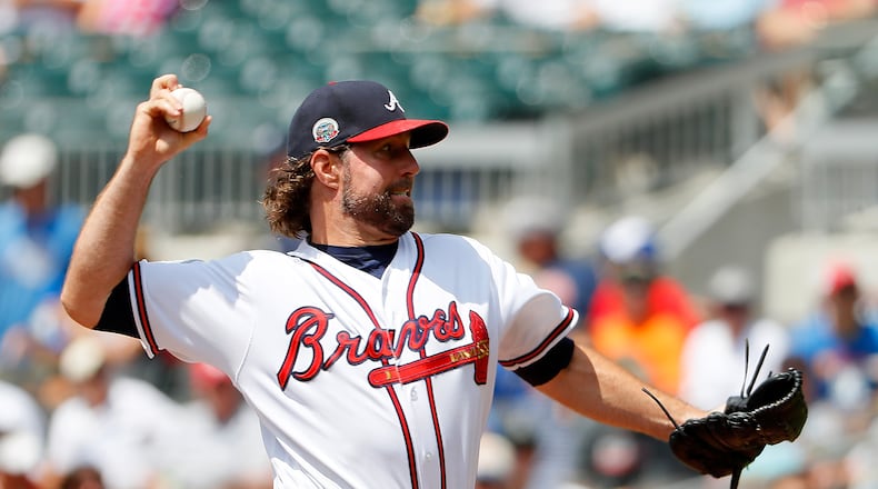 R.A. Dickey of the Braves pitches against the Chicago Cubs at SunTrust Park on July 19, 2017 in Atlanta. (Photo by Kevin C. Cox/Getty Images)