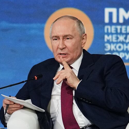 Russian President Vladimir Putin gestures speaking at a plenary session at the St. Petersburg International Economic Forum in St. Petersburg, Russia, on Friday, June 5, 2026. (AP Photo/Dmitri Lovetsky)