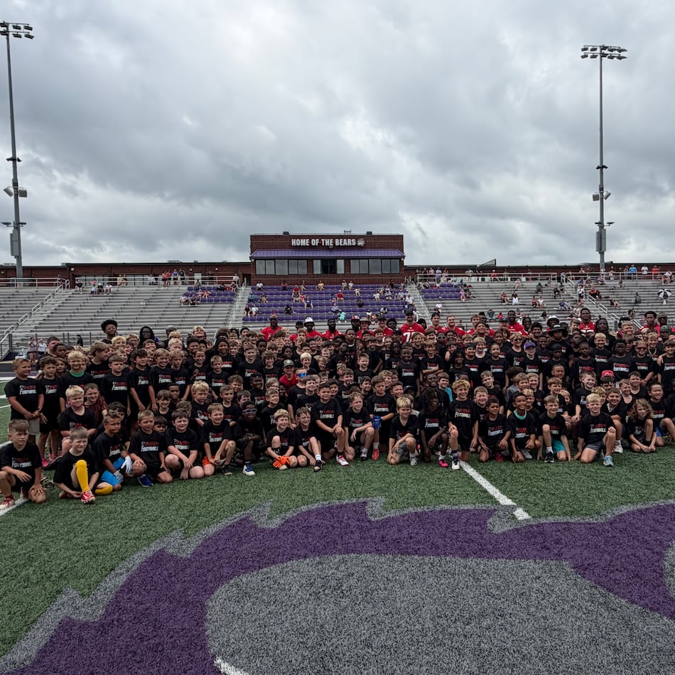 Falcons rookies take a photograph with youth camp participants at Cherokee Bluff High School in Flowery Branch on Monday, June 22, 2026. (Daniel Flick/AJC)