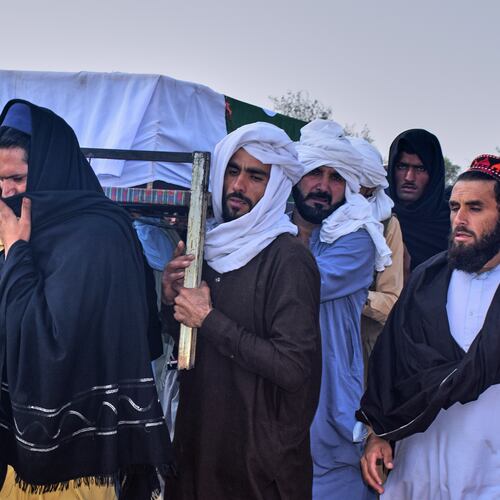 People carry the coffin of an army soldier, killed in the cross-border clashes of Pakistan and Afghan forces, for his funeral prayer at a village in Lakki Marwat, a district of Pakistan's Khyber Pakhtunkhwa province, Saturday, Feb. 28, 2026. (AP Photo/G.A. Marwat)