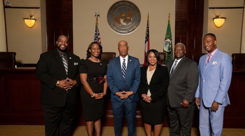 From left: council members John Blount and Yolanda Barber; Mayor Anthony Ford; and council members LaKeisha Gantt, Alphonso Thomas and Elton Alexander.