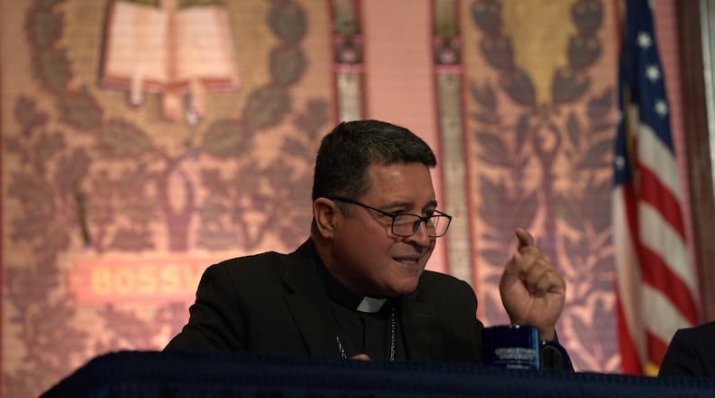 Auxiliary Bishop Evelio Menjivar-Ayala speaks on a panel about immigration at Georgetown University in Washington, Thursday, Sept. 11, 2025. (AP Photo/Luis Andres Henao)