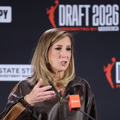 FILE - WNBA commissioner Cathy Engelbert speaks before the WNBA basketball draft, on April 13, 2026, in New York. (AP Photo/Pamela Smith, File)