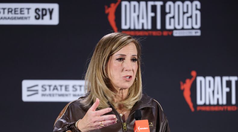 FILE - WNBA commissioner Cathy Engelbert speaks before the WNBA basketball draft, on April 13, 2026, in New York. (AP Photo/Pamela Smith, File)