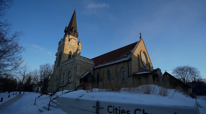FILE - Cities Church is seen in St. Paul, Minn. where activists shut down a service claiming the pastor was also working as an ICE agent, Monday, Jan. 19, 2026 in St. Paul, Minn. (AP Photo/Angelina Katsanis, File)