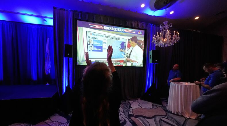 A supporter reacts to first results after polls closed during a primary election night event for U.S. Sen. Edward Markey, D-Mass., Tuesday, Sept. 1, 2026 in Boston. (AP Photo/Charles Krupa)