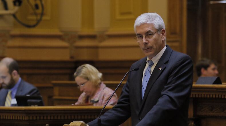 State Sen. Bill Heath, R-Bremen, presents House Bill 280 in the chamber on Tuesdays. The bill would allow anyone with a concealed weapons permit to carry firearms on public college and university campuses, with exceptions that include dormitories, fraternity and sorority houses, and buildings used for athletic events. On-campus child care centers would also be excluded, as would areas on some college campuses where high school students attend class. BOB ANDRES / BANDRES@AJC.COM