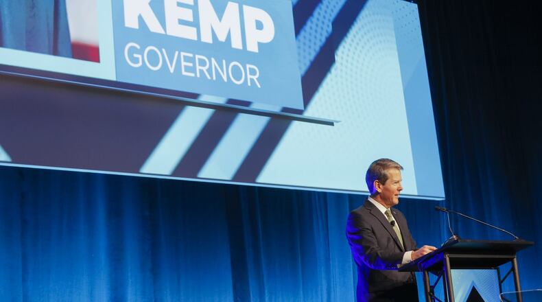 Gov. Brian Kemp speaks Wednesday at the Georgia Chamber of Commerce’s annual Eggs & Issues breakfast. More than 2,500 people attended the event to hear Kemp, Lt. Gov. Geoff Duncan, House Speaker David Ralston and U.S. Sen. David Perdue talk about plans for the coming year, including the General Assembly session that began Monday. Bob Andres / bandres@ajc.com