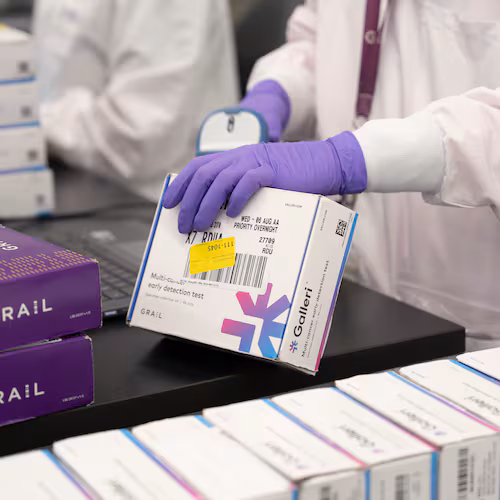 This undated photo provided by Grail Inc. on Tuesday, Sept. 22, 2026, shows an employee scanning a Galleri cancer screening test. (Grail Inc. via AP)