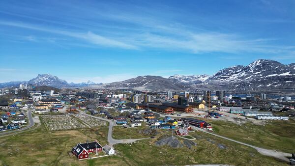 Houses in Nuuk, Greenland, Sunday, June 22, 2025. (AP Photo/Kwiyeon Ha)