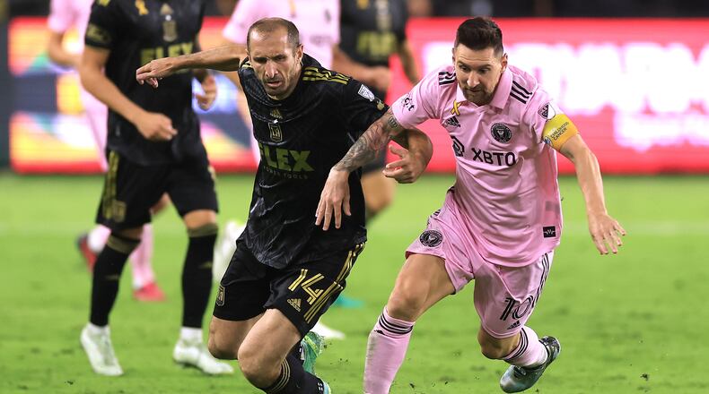 Giorgio Chiellini (14) of Los Angeles FC battles against Lionel Messi (10) of Inter Miami CF during a match between Inter Miami CF and Los Angeles Football Club at BMO Stadium on Sept. 3, 2023, in Los Angeles. (Sean M. Haffey/Getty Images/TNS)