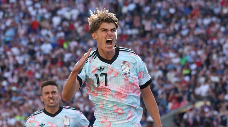 Belgium's Charles De Ketelaere (17) celebrates after scoring his side's opening goal during the World Cup round of 16 soccer match between the United States and Belgium in Seattle, Monday, July 6, 2026. (AP Photo/Maddy Grassy)
