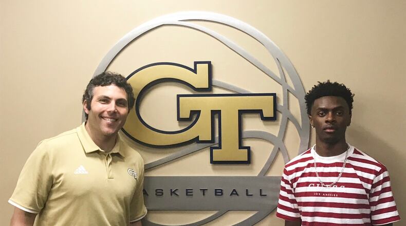 Georgia Tech coach Josh Pastner (left) with VMI guard and Brookwood High graduate Bubba Parham, who announced his intention to transfer to Tech after the school year. (Courtesy Daniel Bowles)