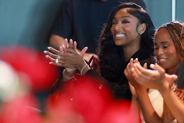 Atlanta Dream forward Angel Reese reacts as Dream management welcomes the Atlanta Dream 2026 free agent class. (Jason Getz/AJC)