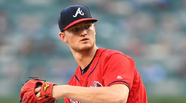 Mike Soroka #40 of the Atlanta Braves throws a second inning pitch against the Los Angeles Dodgers at SunTrust Park on August 16, 2019 in Atlanta, Georgia. (Photo by Scott Cunningham/Getty Images)