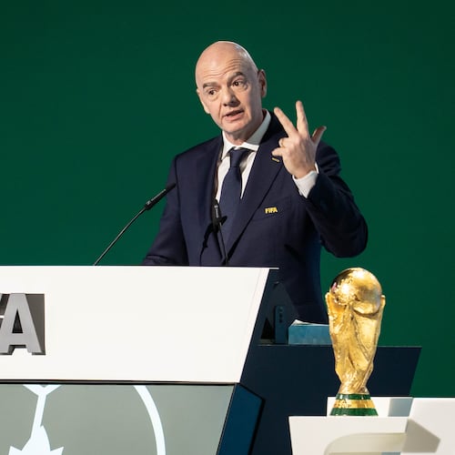 FIFA President Gianni Infantino speaks during the 76th FIFA Congress in Vancouver, British Columbia, Thursday, April 30, 2026. (Ethan Cairns/The Canadian Press via AP)