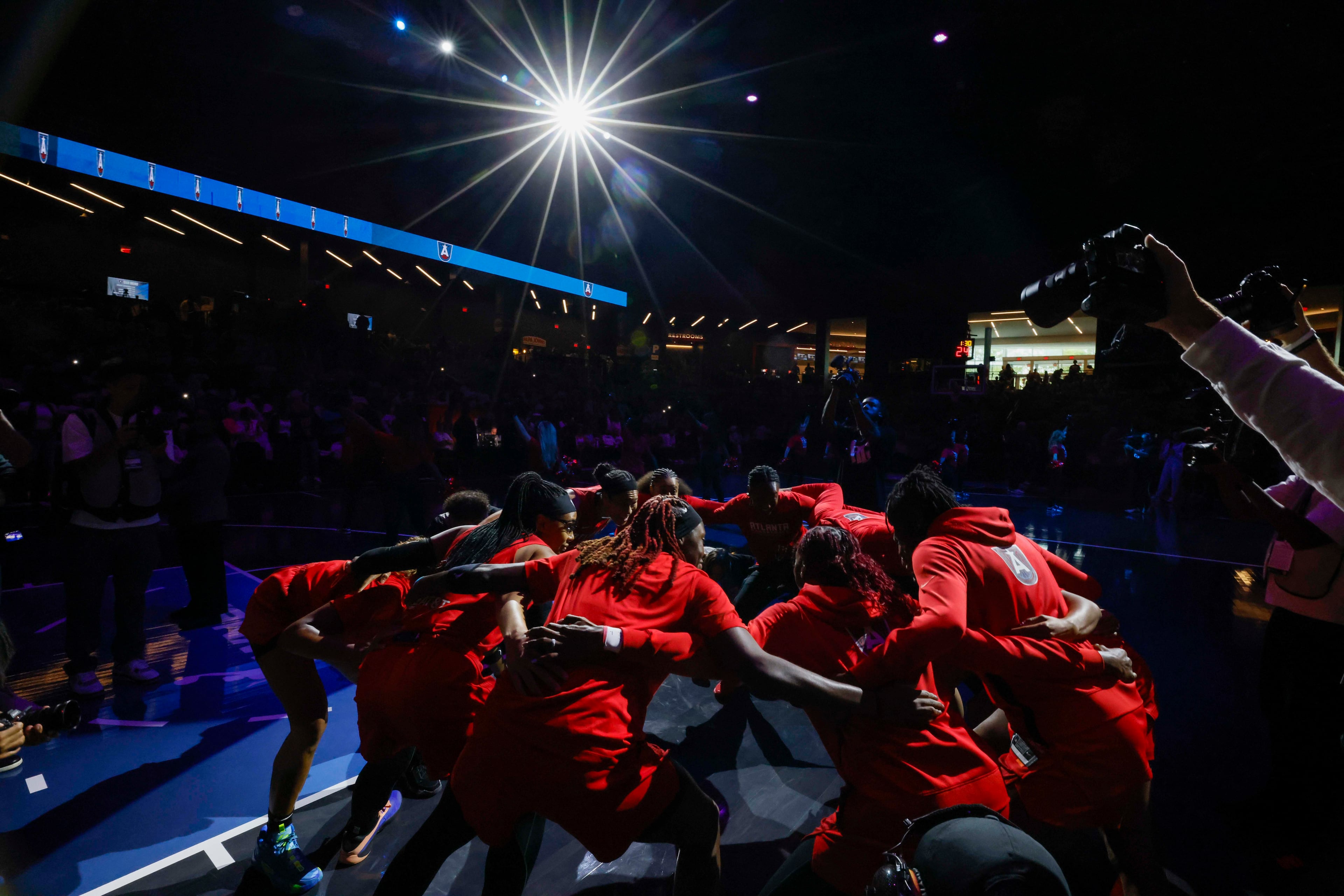 Atlanta Dream players gather in the center court during the team’s presentation as they prepare to face the Indiana Fever in a WNBA playoff game at Gateway Center Arena on Sunday, Sept. 14, 2024, in Atlanta.
(Miguel Martinez/ AJC)