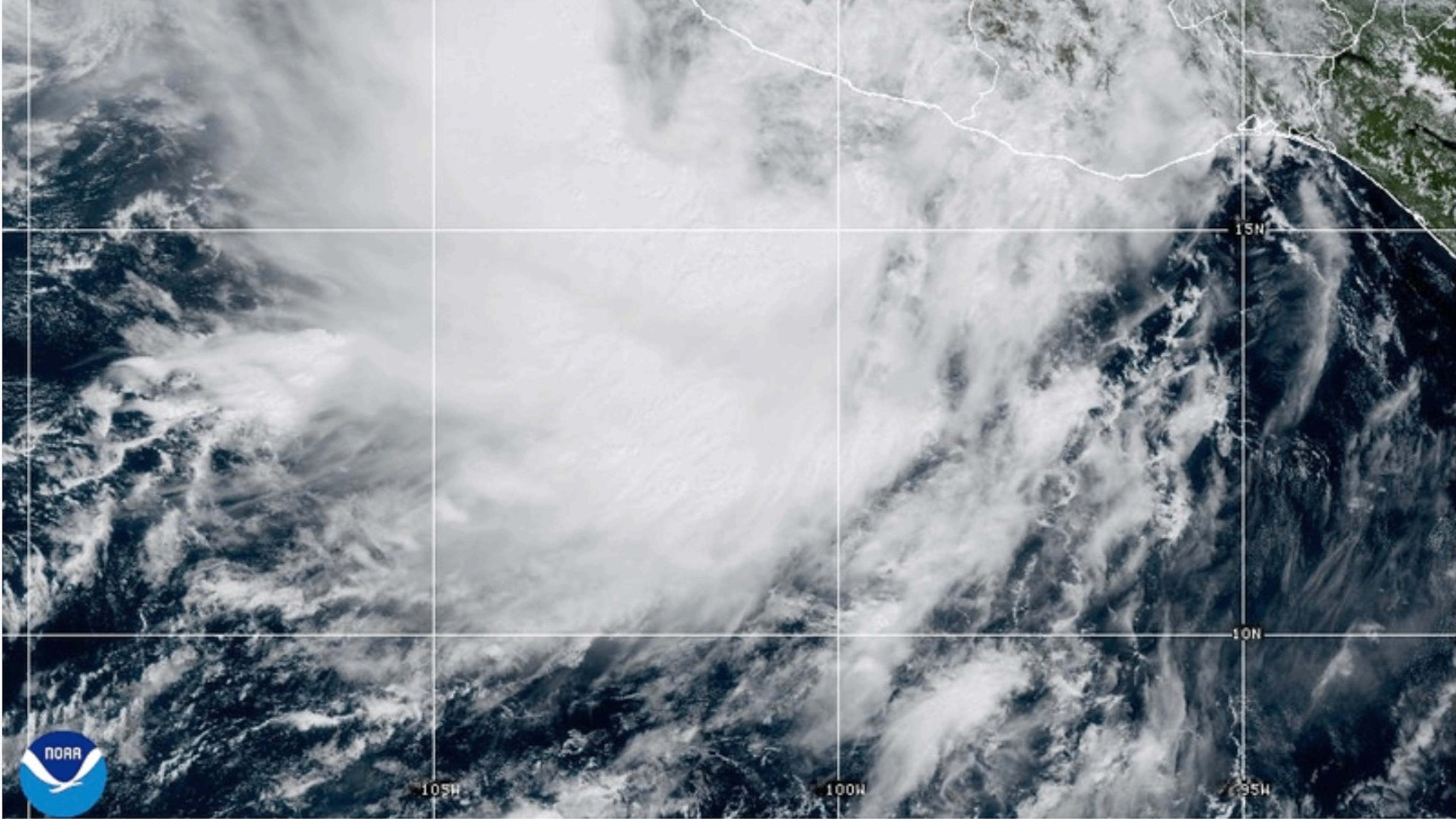 This NOAA satellite image taken at 2:12 p.m. EST on Thursday, Oct. 9, 2025, shows Tropical Storm Raymond off the western coast of Mexico in the eastern Pacific Ocean. (NOAA via AP)