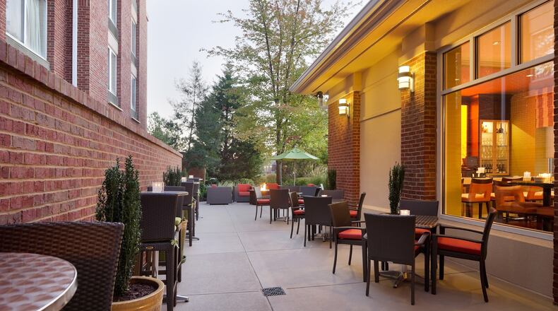 Johns Creek has extended their Temporary Outdoor Operations permit through Aug. 31, 2022. Shown here: the patio at Hilton Garden Inn Johns Creek. (Courtesy Johns Creek Convention & Visitors Bureau)