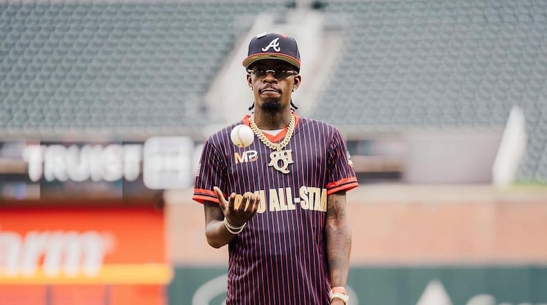 Rapper Rich Homie Quan threw out the first pitch at the Minority Baseball Prospects HBCU All-Star Game at Truist Park on Friday, June 3, 2022.