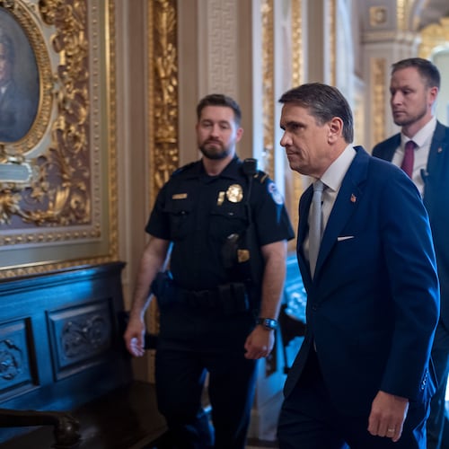 Acting Attorney General Todd Blanche arrives for a closed-door meeting with Republican senators who are expected to abandon a proposal for $1 billion in security money for the White House complex and President Donald Trump's ballroom after it has failed to win enough party support, at the Capitol in Washington, Thursday, May 21, 2026. (AP Photo/J. Scott Applewhite)