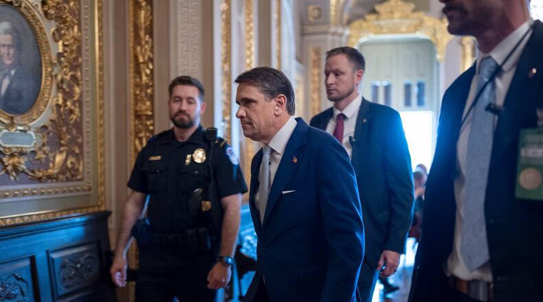 Acting Attorney General Todd Blanche arrives for a closed-door meeting with Republican senators who are expected to abandon a proposal for $1 billion in security money for the White House complex and President Donald Trump's ballroom after it has failed to win enough party support, at the Capitol in Washington, Thursday, May 21, 2026. (AP Photo/J. Scott Applewhite)