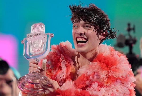 FILE - Nemo of Switzerland, who performed the song The Code, celebrates after winning the Grand Final of the Eurovision Song Contest in Malmo, Sweden, on May 12, 2024. (AP Photo/Martin Meissner, File)