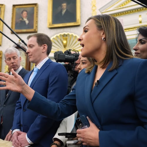 ABC News reporter Mary Bruce as a question as President Donald Trump meets Saudi Arabia's Crown Prince Mohammed bin Salman in the Oval Office of the White House, Tuesday, Nov. 18, 2025, in Washington. Listening from left are Defense Secretary Pete Hegseth, Commerce Secretary Howard Lutnick and Energy Secretary Chris Wright and David Broomell, Manufacturing Technology Manager at energy equipment manufacturer GE Vernova, listen. (AP Photo/Evan Vucci)