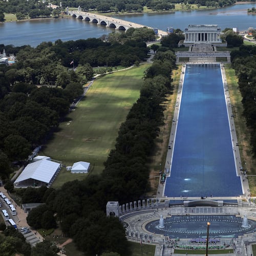The Lincoln Memorial and the Reflecting Pool are seen from the Washington Monument, Wednesday, June 24, 2026, in Washington. (AP Photo/Rahmat Gul)