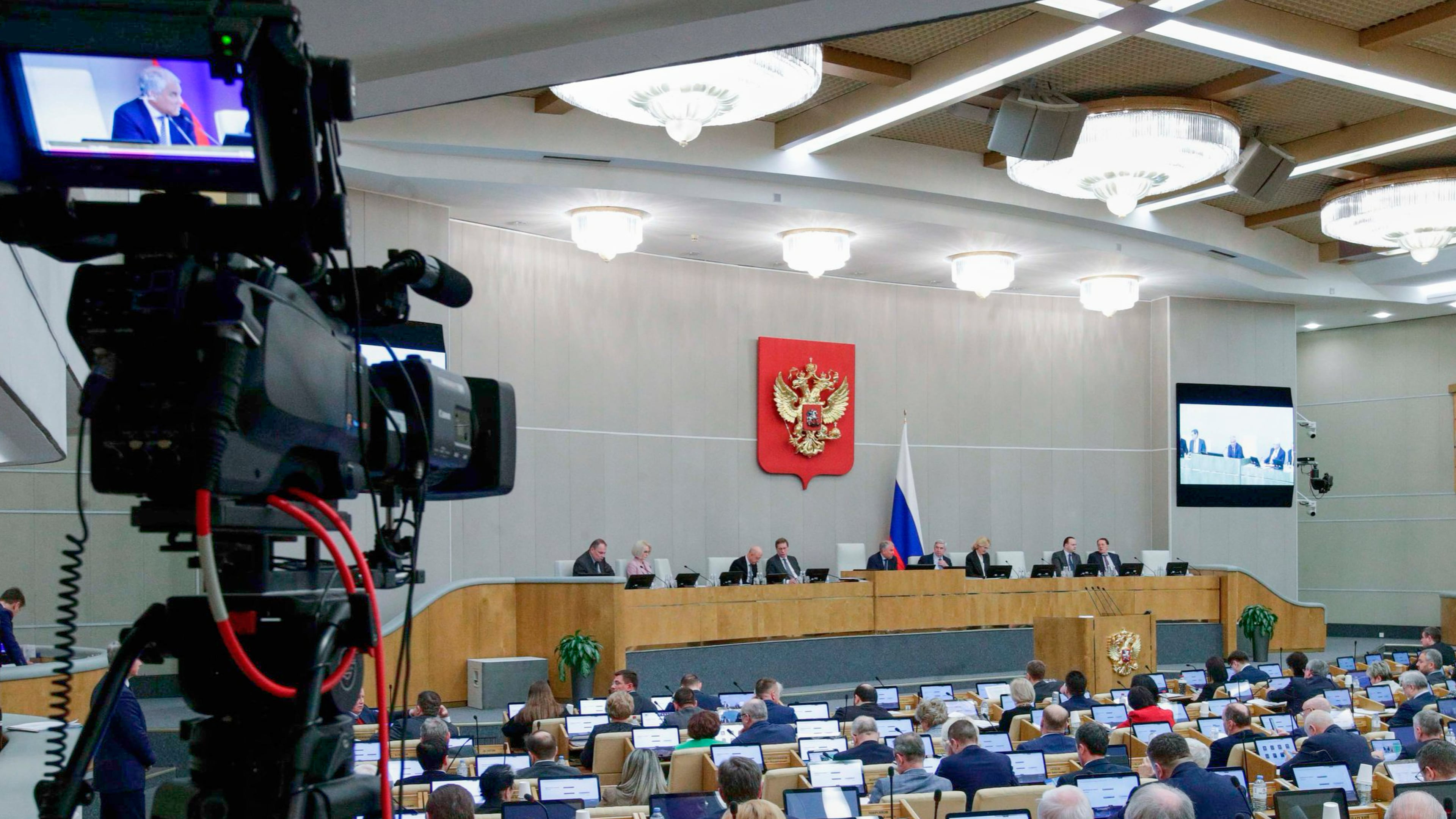 In this photo provided by The State Duma, Lower House of the Russian Parliament Press Service, deputies attend a session at the State Duma, the lower house of the Russian parliament in Moscow, Tuesday, Oct. 28, 2025. (The State Duma, Lower House of the Russian Parliament Press Service via AP)