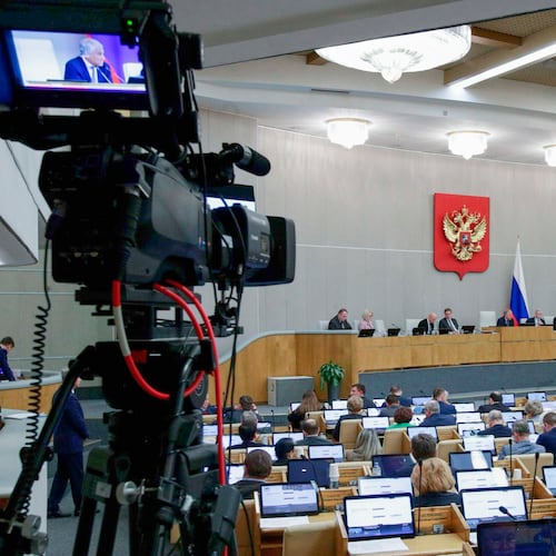 In this photo provided by The State Duma, Lower House of the Russian Parliament Press Service, deputies attend a session at the State Duma, the lower house of the Russian parliament in Moscow, Tuesday, Oct. 28, 2025. (The State Duma, Lower House of the Russian Parliament Press Service via AP)