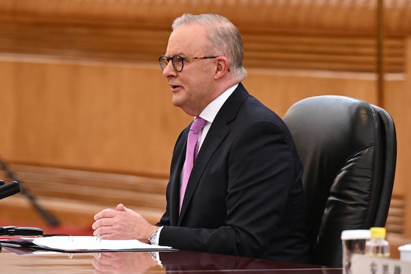 Australian Prime Minister Anthony Albanese reacts as he holds talks with China's President Xi Jinping in the Great Hall of the People in Beijing, China, Tuesday, July 15, 2025. (Lukas Coch/AAP Image via AP)