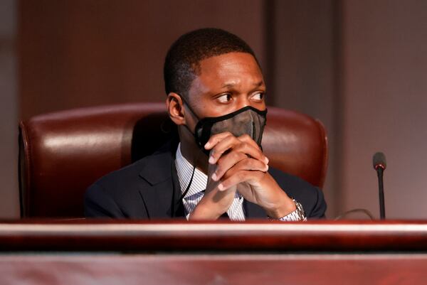 Council member Jason Winston during discussion as the Atlanta City Council held their first in person meeting since they were suspended at start of the pandemic In Atlanta on Monday, March 21, 2022.   (Bob Andres / robert.andres@ajc.com)