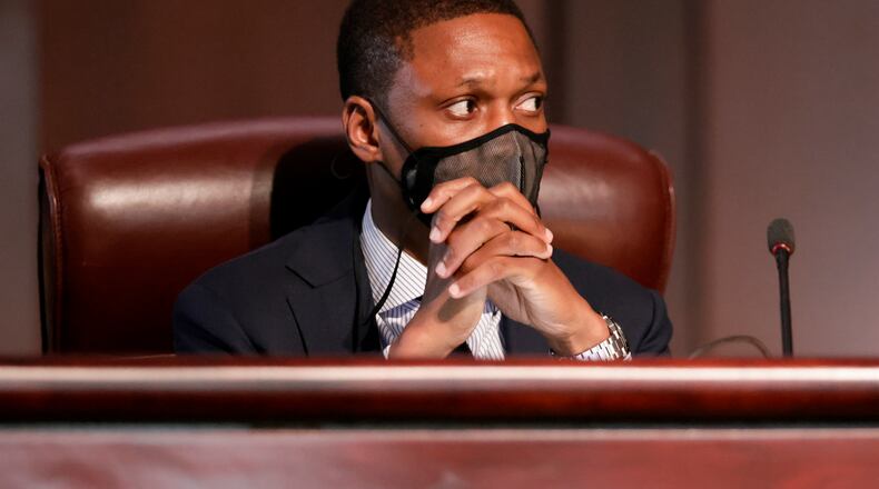 Council member Jason Winston during discussion as the Atlanta City Council held their first in person meeting since they were suspended at start of the pandemic In Atlanta on Monday, March 21, 2022.   (Bob Andres / robert.andres@ajc.com)