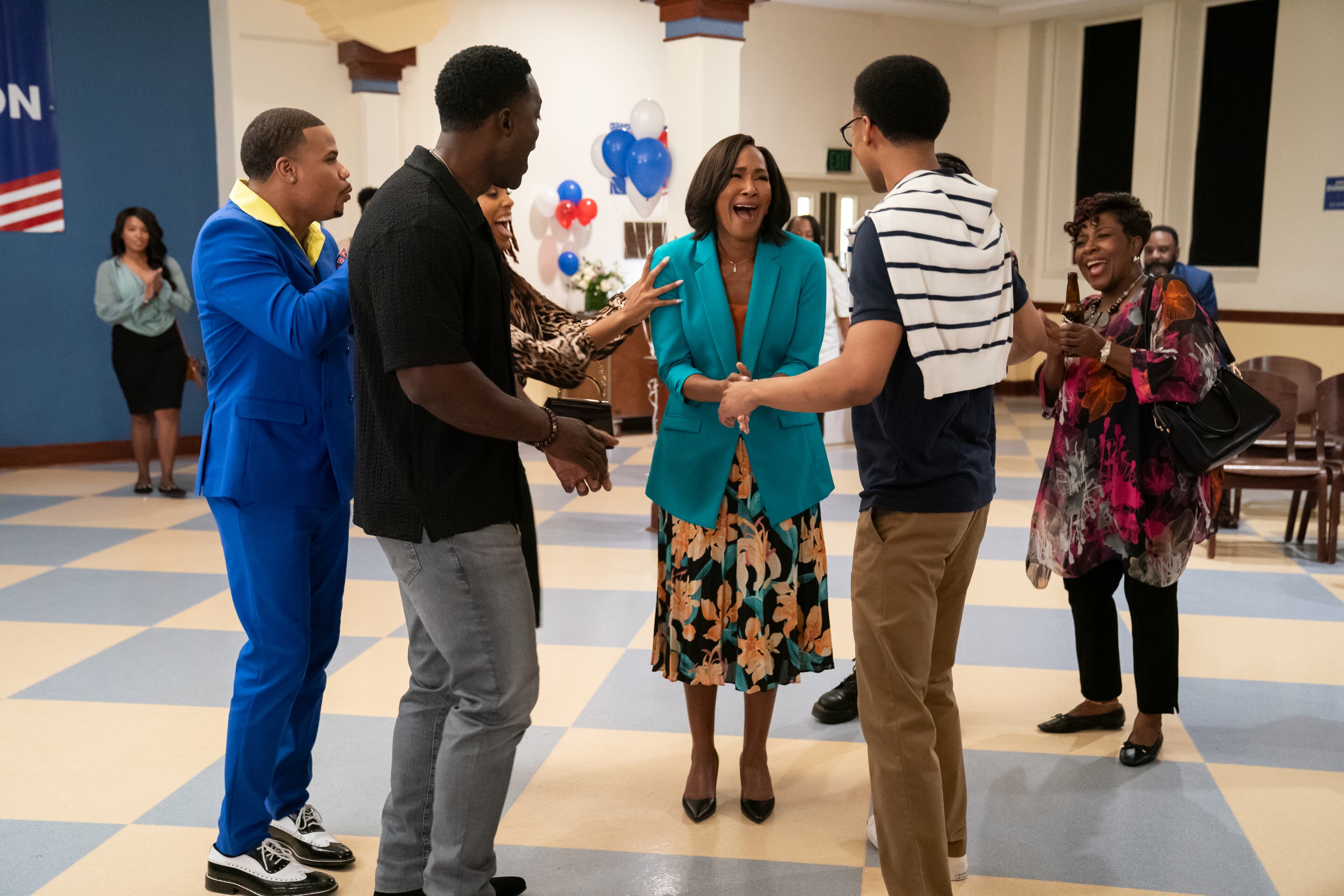 "She the People" on Netflix features (L to R) Dyon Brooks as Basil Henderson, Philip Fornah as Cyrus, Terri J. Vaughn as Antoinette Dunkerson, Tré Boyd as Titus and Jo Marie Payton as Cleo Dunkerson. (Charles “Chip” Bergmann/Courtesy of Netflix)