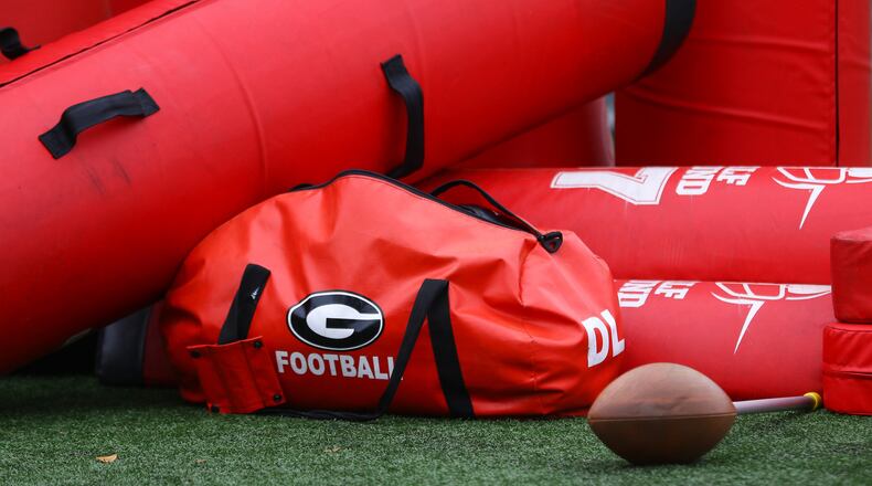 Georgia football euipment at spring practice Thursday, Apr. 4, 2019, in Athens.