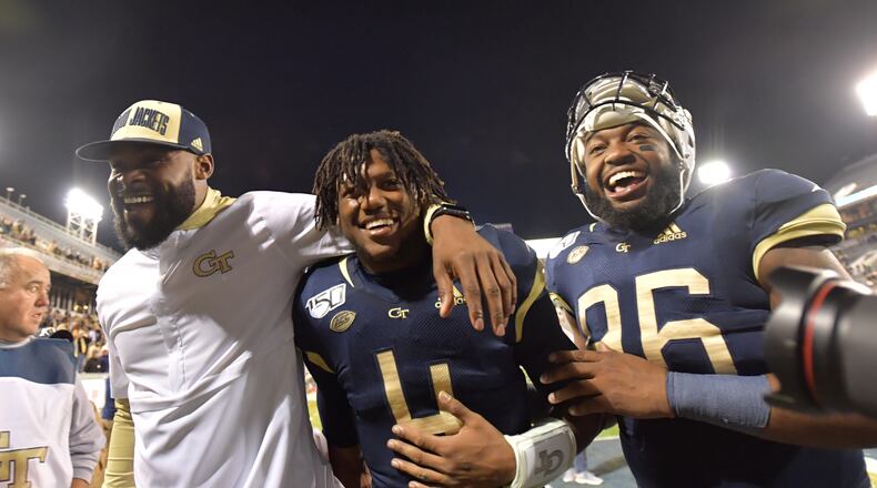 Georgia Tech quarterback James Graham (4) celebrates the victory over North Carolina State at Bobby Dodd Stadium on Thursday, November 21, 2019. Georgia Tech won 28-26. (Hyosub Shin / Hyosub.Shin@ajc.com)