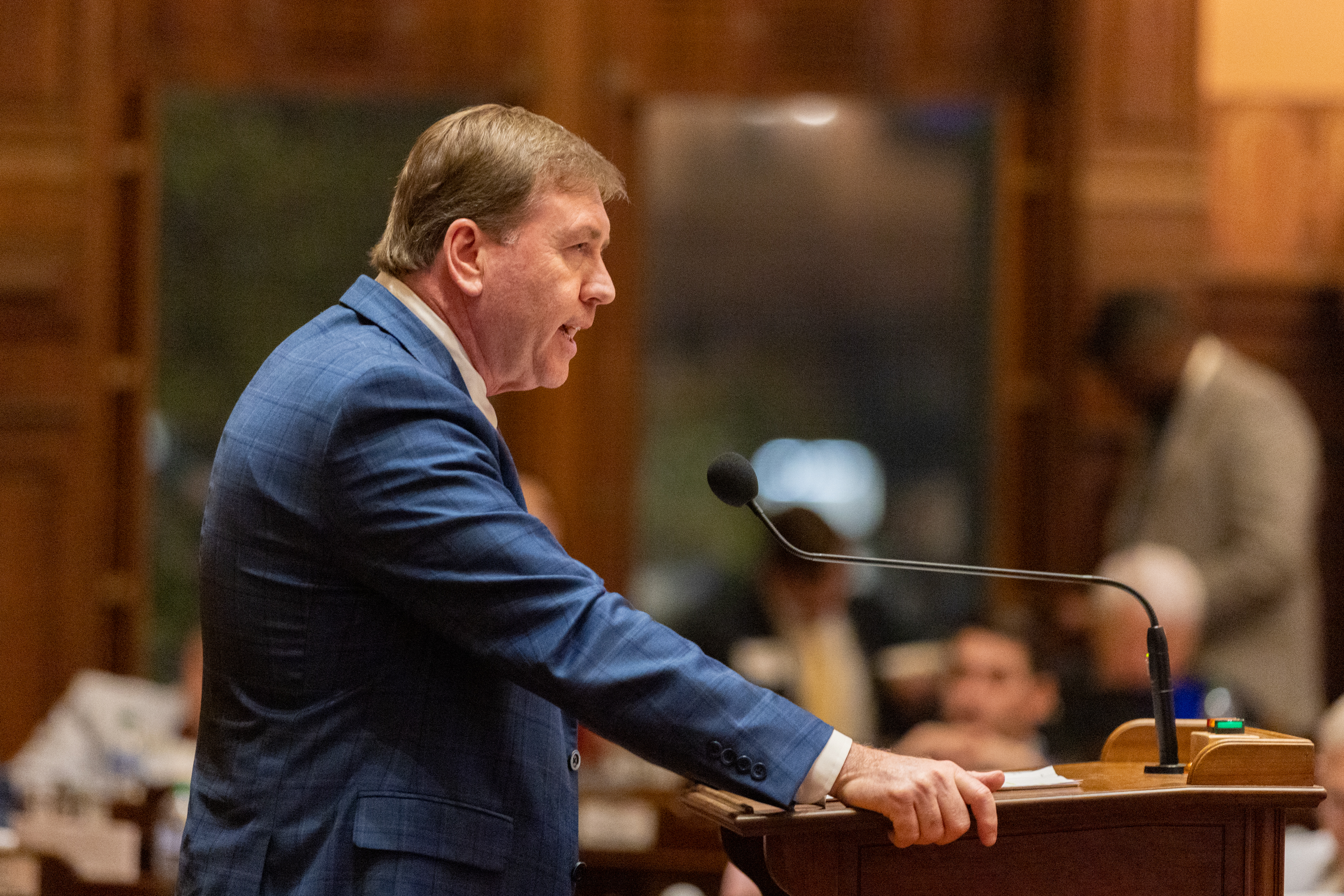 State Rep. Jesse Petrea, R-Savannah — pictured speaking in favor of House Bill 1105 in 2024 — sponsored the bill to require local sheriffs to work with the federal government when someone in custody is discovered to be in the country illegally. (Arvin Temkar/AJC 2024)
