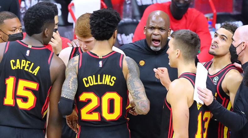 Hawks interim head coach Nate McMillan helps rally his team to a 103-96 victory over the Philadelphia 76ers in Game 7 of the Eastern Conference semifinals Sunday, June 20, 2021, in Philadelphia. (Curtis Compton / Curtis.Compton@ajc.com)