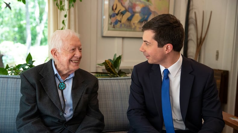 Democratic presidential candidate Pete Buttigieg meets with former President Jimmy Carter in Plains on May 5, 2019. File.