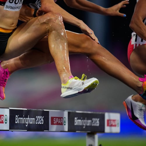 Athletes clear a barrier during the women's 3,000 meters steeplechase final at the European Athletics Championships in Birmingham, England, Thursday, Aug. 13, 2026. (AP Photo/Petr David Josek)
