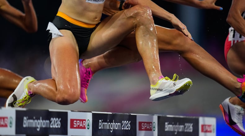 Athletes clear a barrier during the women's 3,000 meters steeplechase final at the European Athletics Championships in Birmingham, England, Thursday, Aug. 13, 2026. (AP Photo/Petr David Josek)